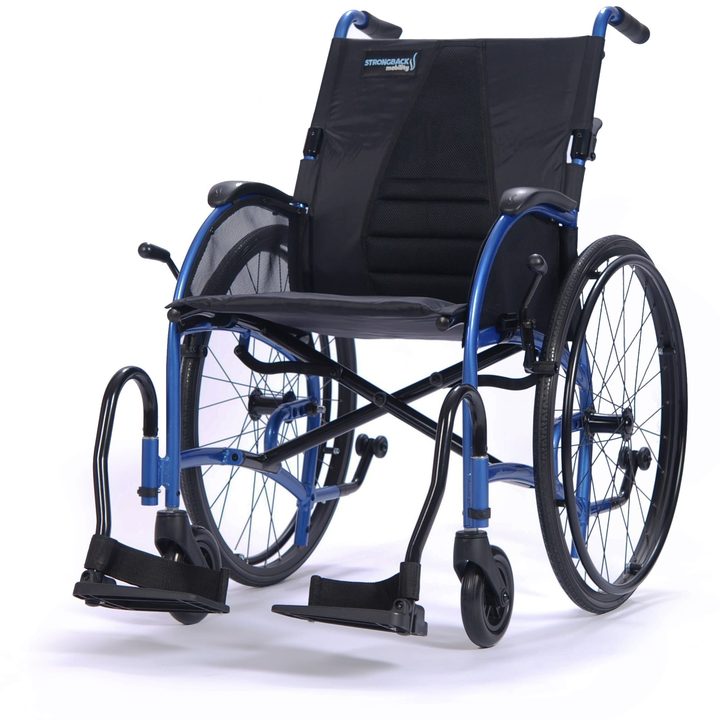 A lightweight folding manual wheelchair with a blue frame.
