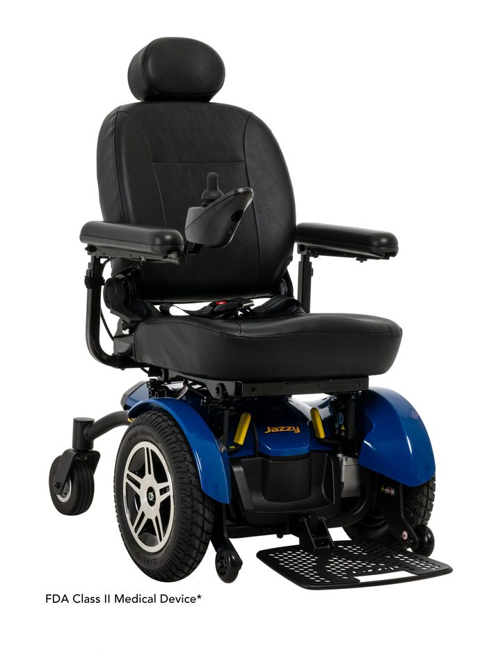 A mid-wheel-drive power wheelchair with a captain's seat, seen from the side.