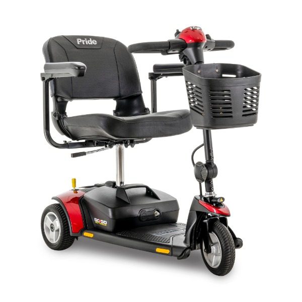 A compact three-wheel travel scooter with a front basket.