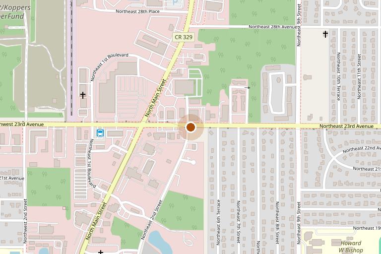A street map of the block around 501 NE 23rd Avenue in Gainesville, with the shop marked. Northeast 23rd Avenue runs east to west just south of the marker, and North Main Street runs north to south to its west.